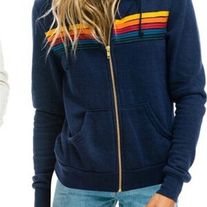 NAVY BLUE HOODIE WITH RAINBOW STRIPES MEDIUM